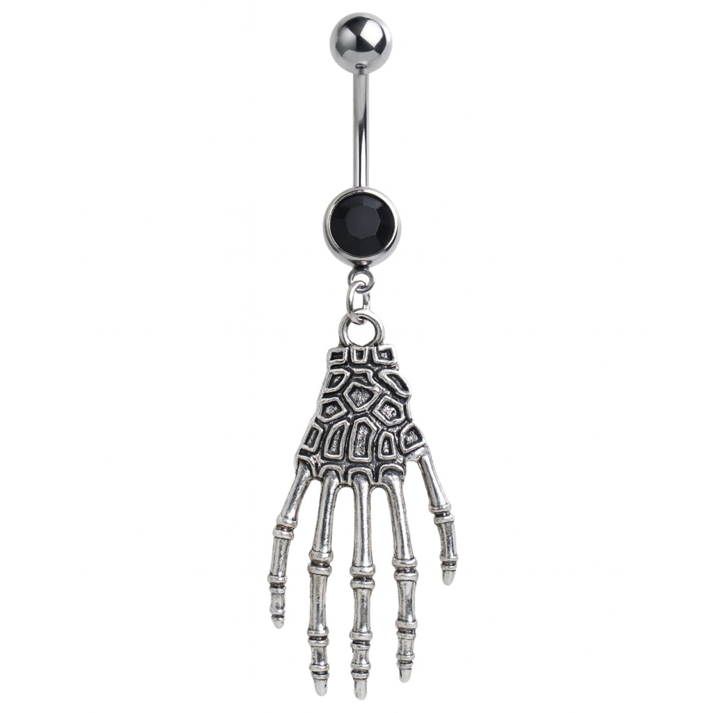 Skeleton Hand Belly Button Ring Silver Black Gem Navel Piercing Jewelry 25$